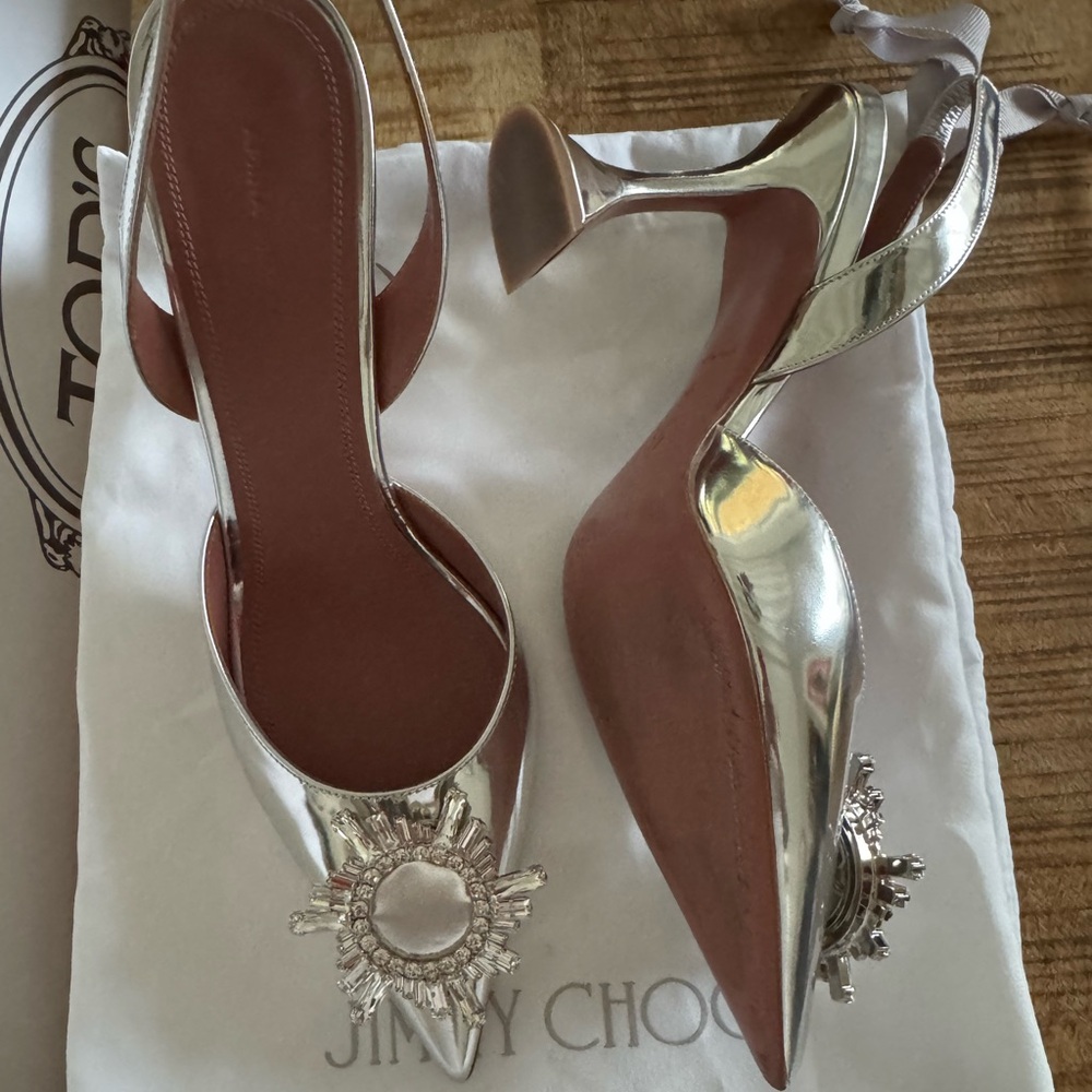 Amina Muaddi Silver Heels with Crystal Embellishment